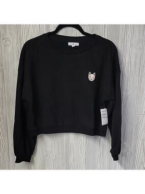 BP Black Jindo Cropped Sweater with Embroidered Dog Patch Womens Small NWT